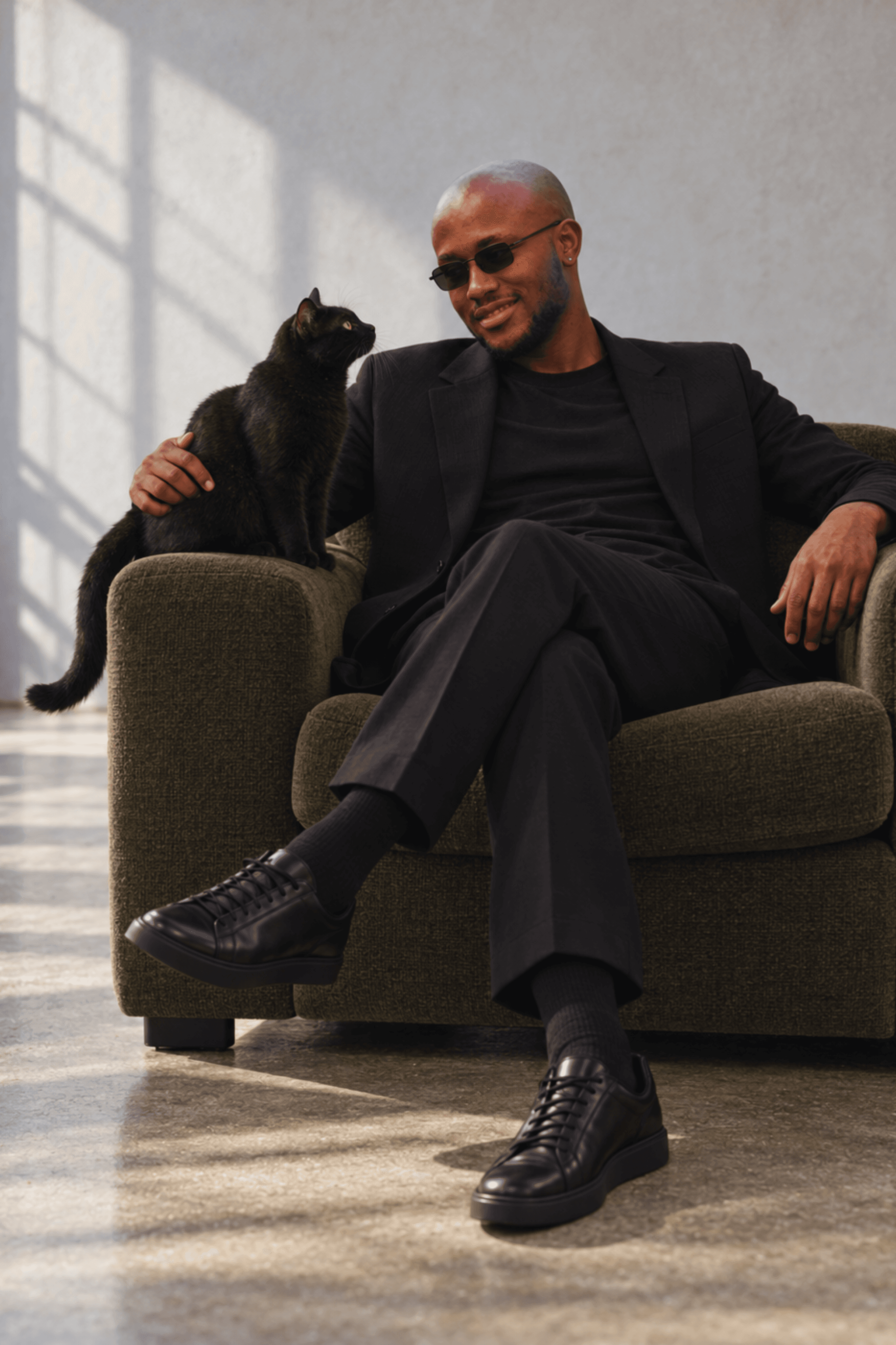 Muiz in black tailoring with a black cat, image 1