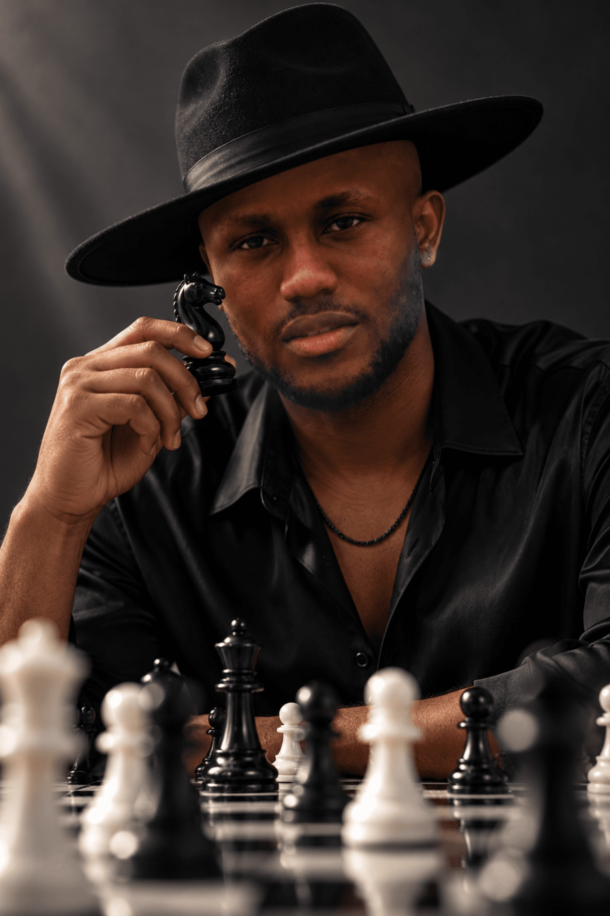 Muiz in black tailoring at a chessboard, image 10
