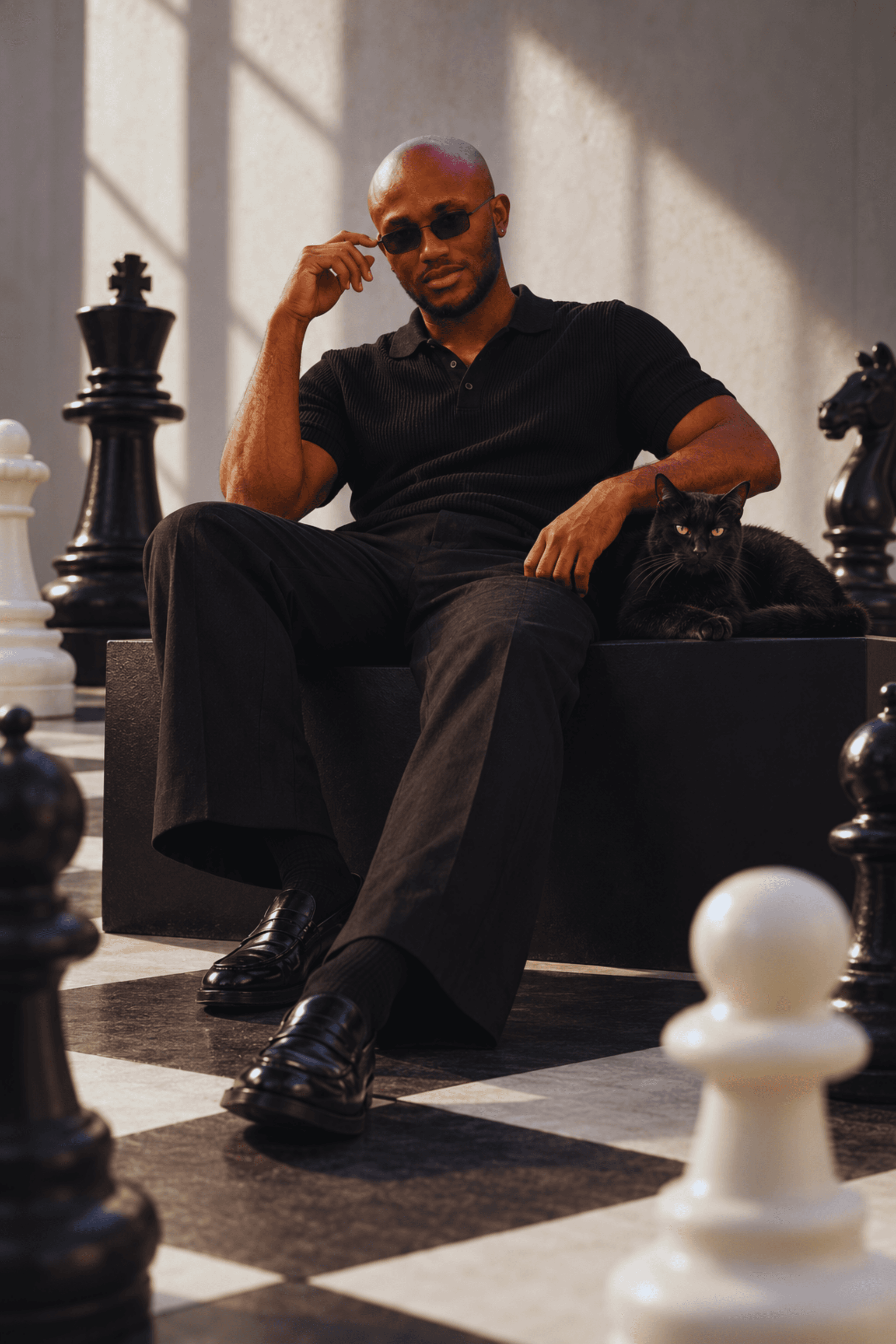 Muiz in black tailoring at a chessboard, image 2