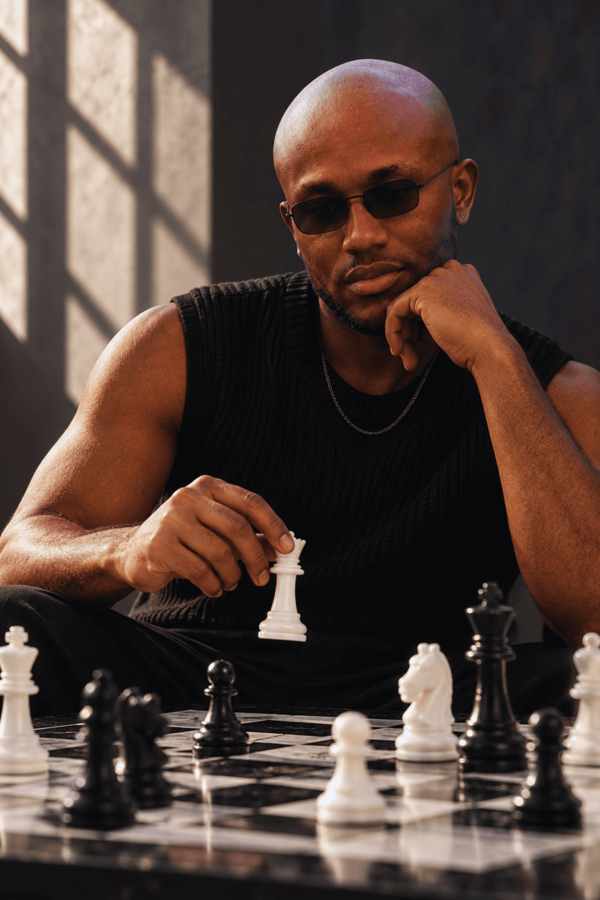 Muiz in black tailoring at a chessboard, image 3