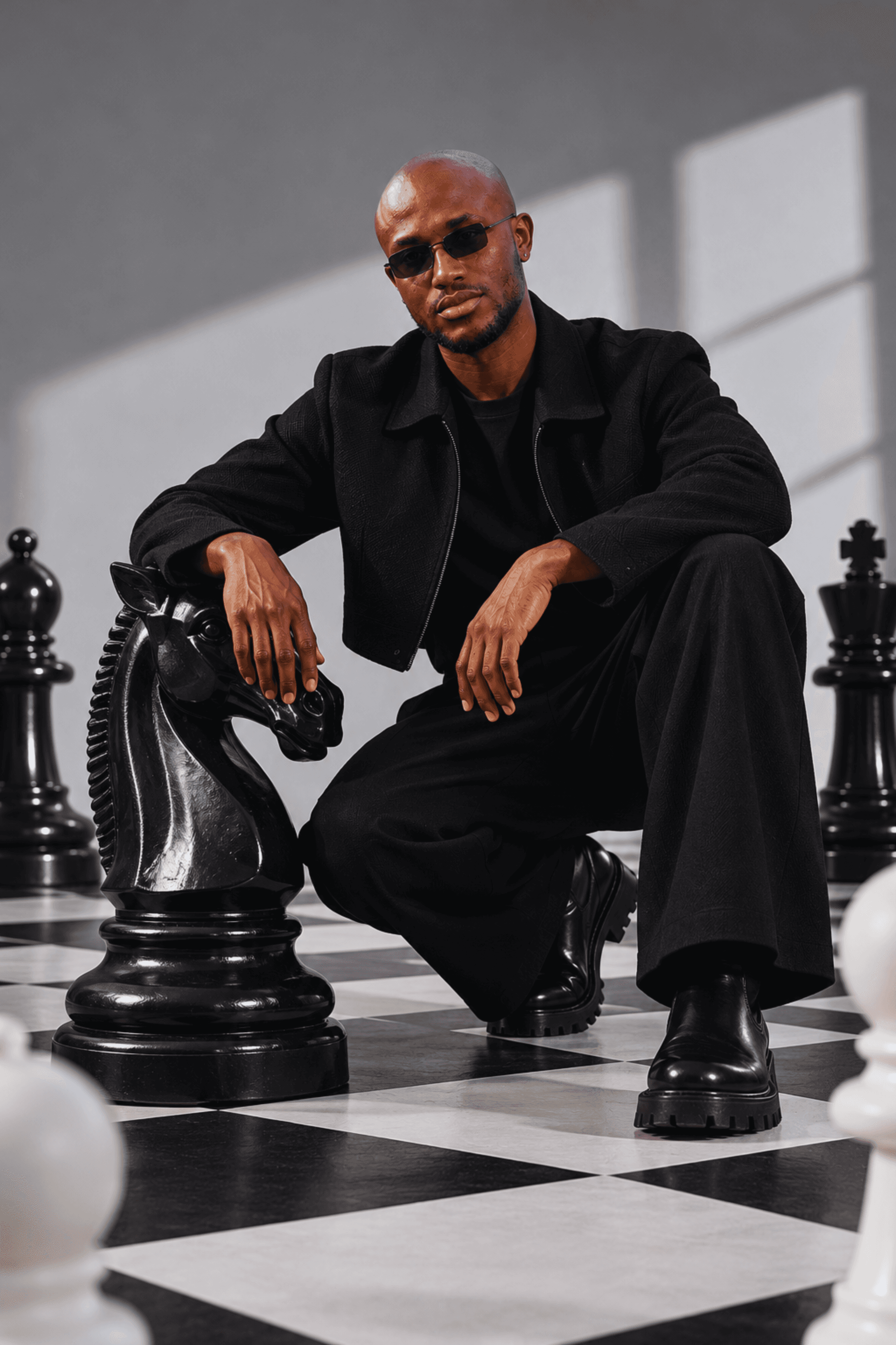 Muiz in black tailoring at a chessboard, image 4
