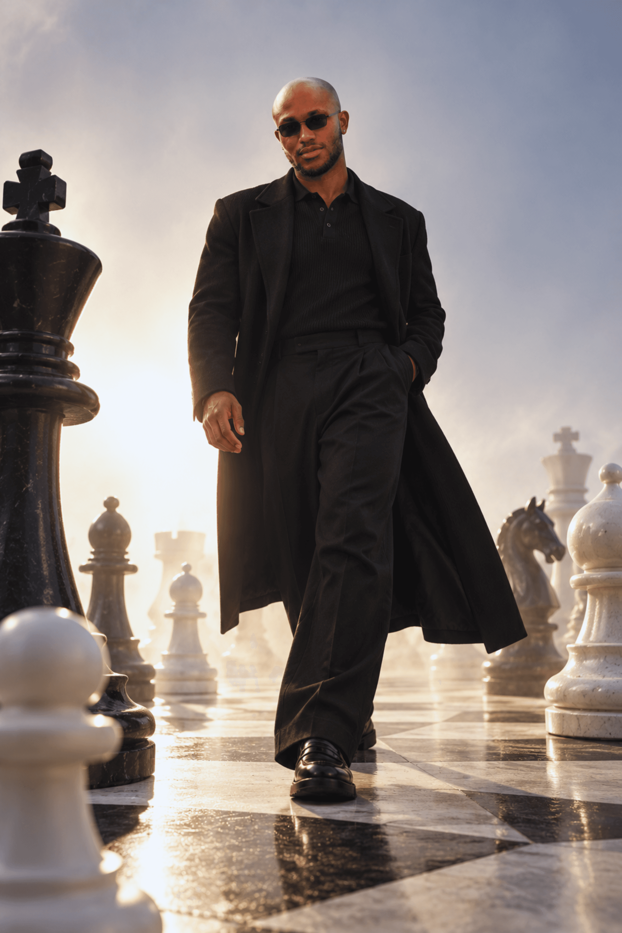 Muiz in black tailoring at a chessboard, image 5
