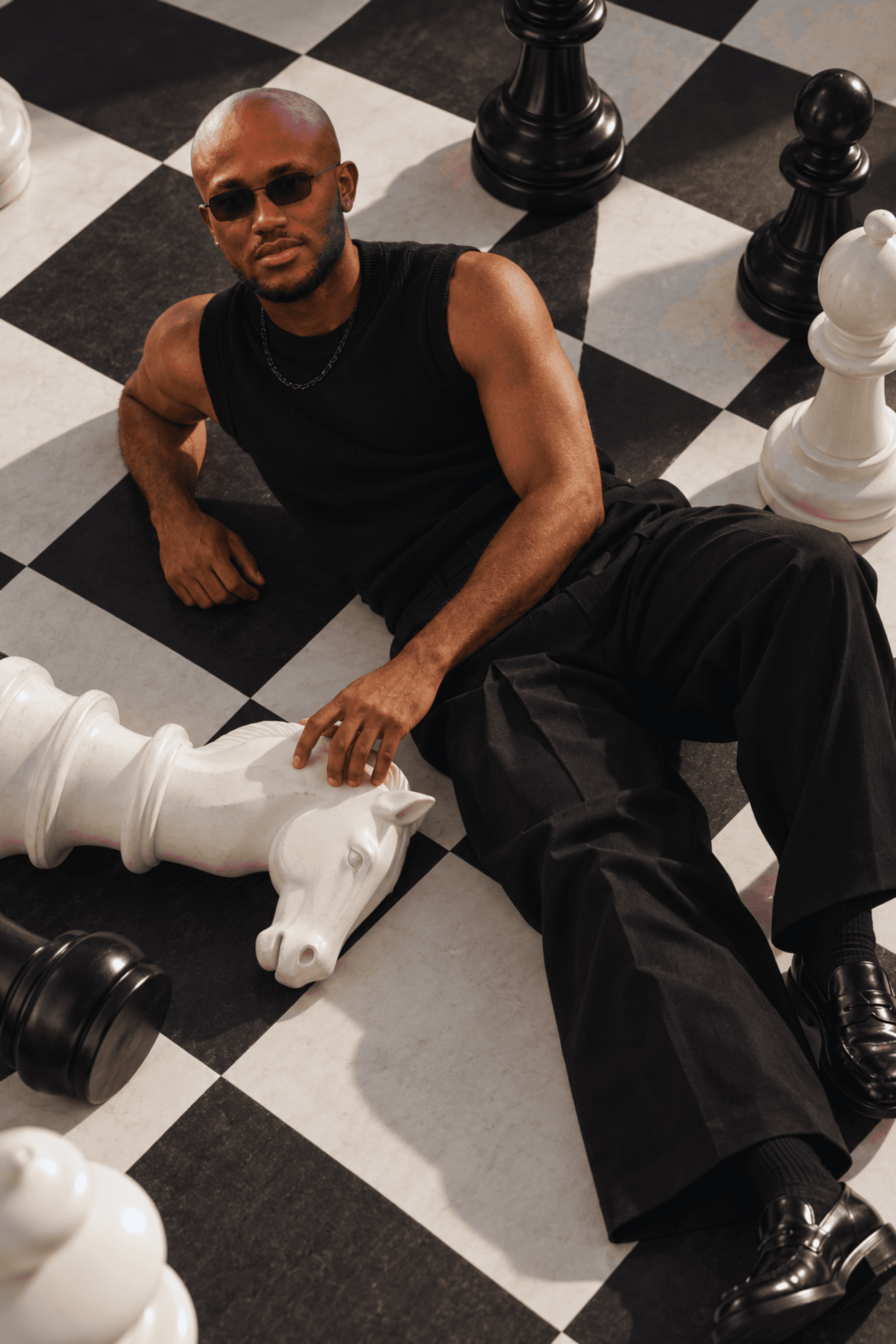 Muiz in black tailoring at a chessboard, image 6