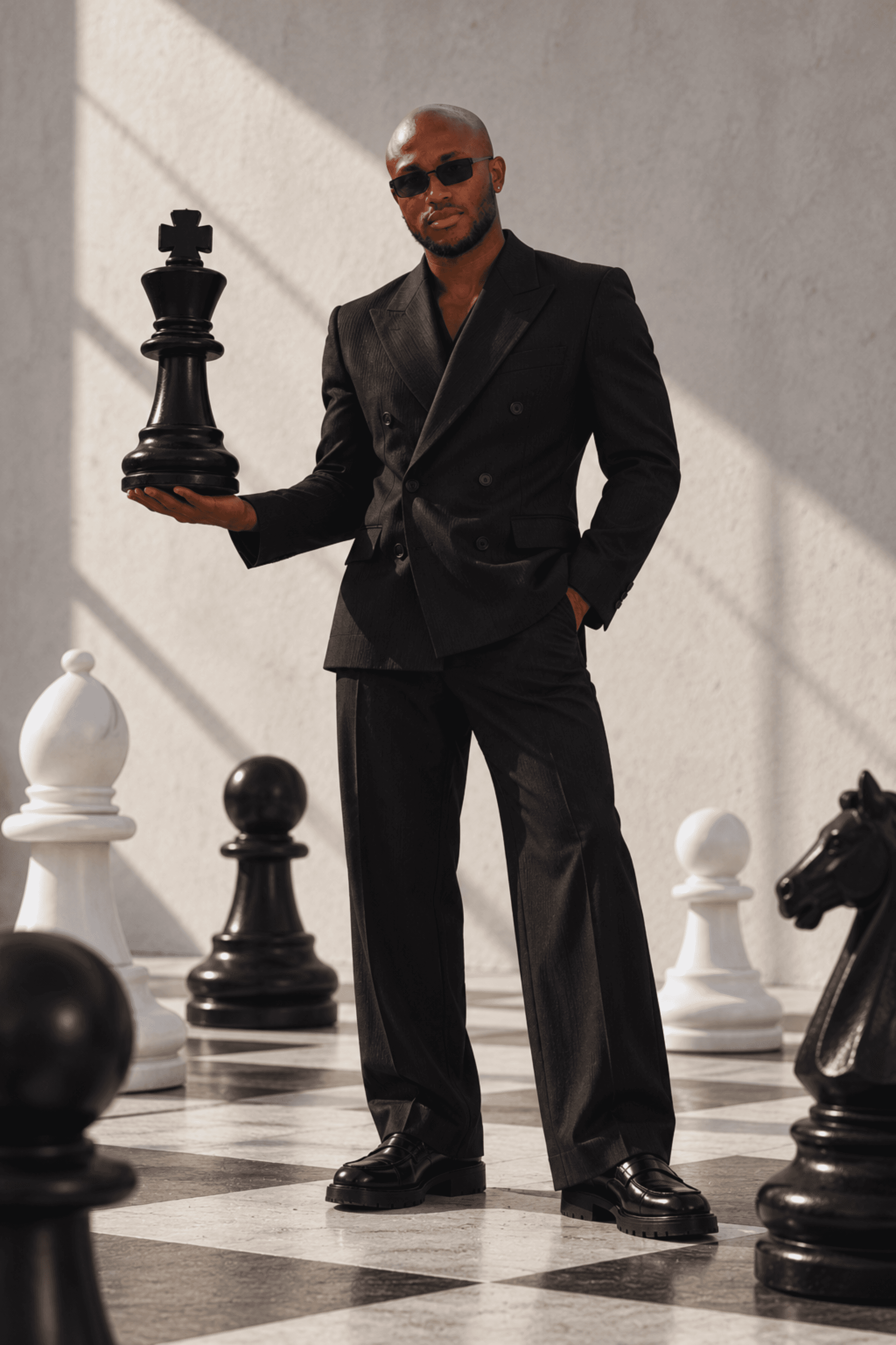 Muiz in black tailoring at a chessboard, image 7