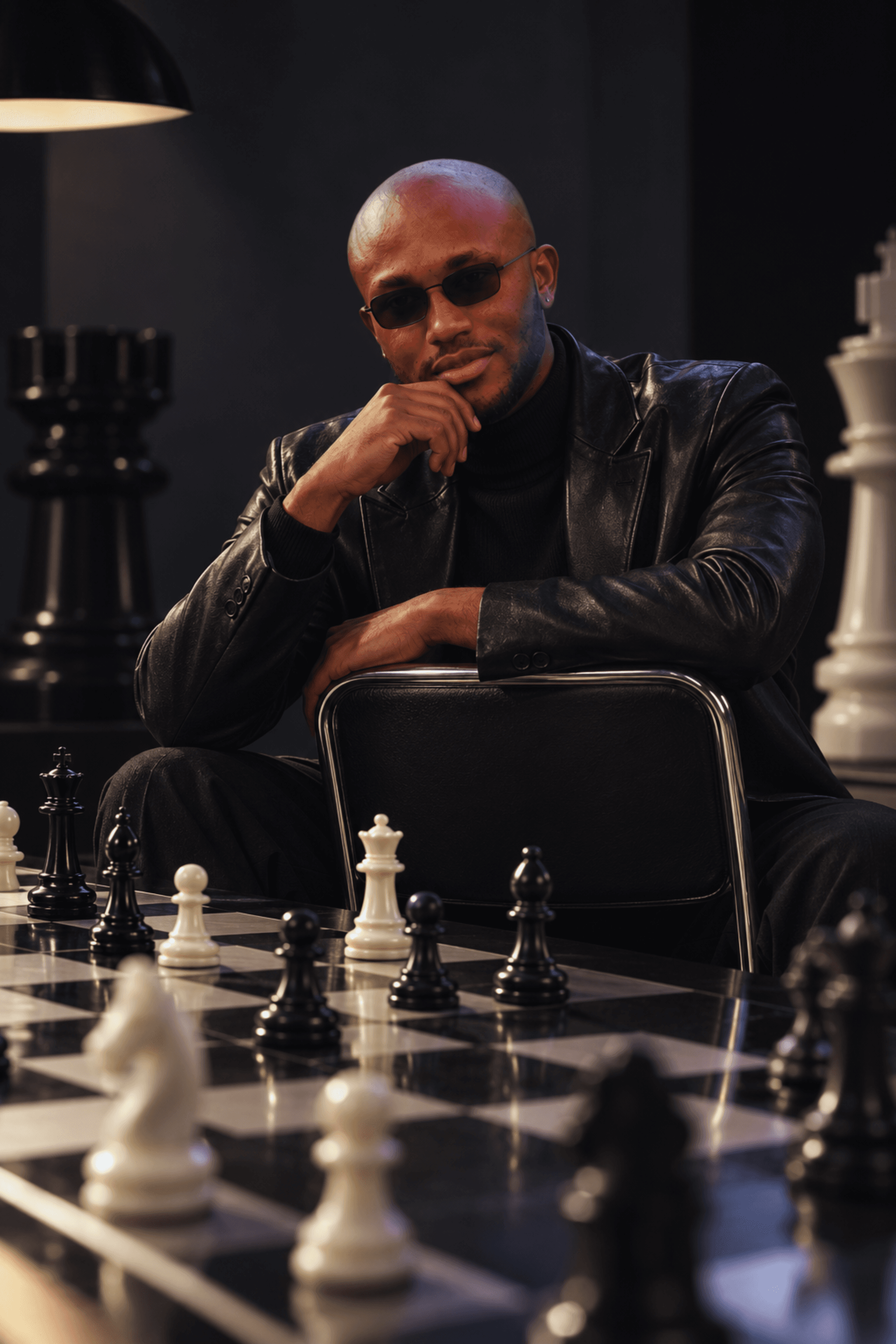 Muiz in black tailoring at a chessboard, image 8