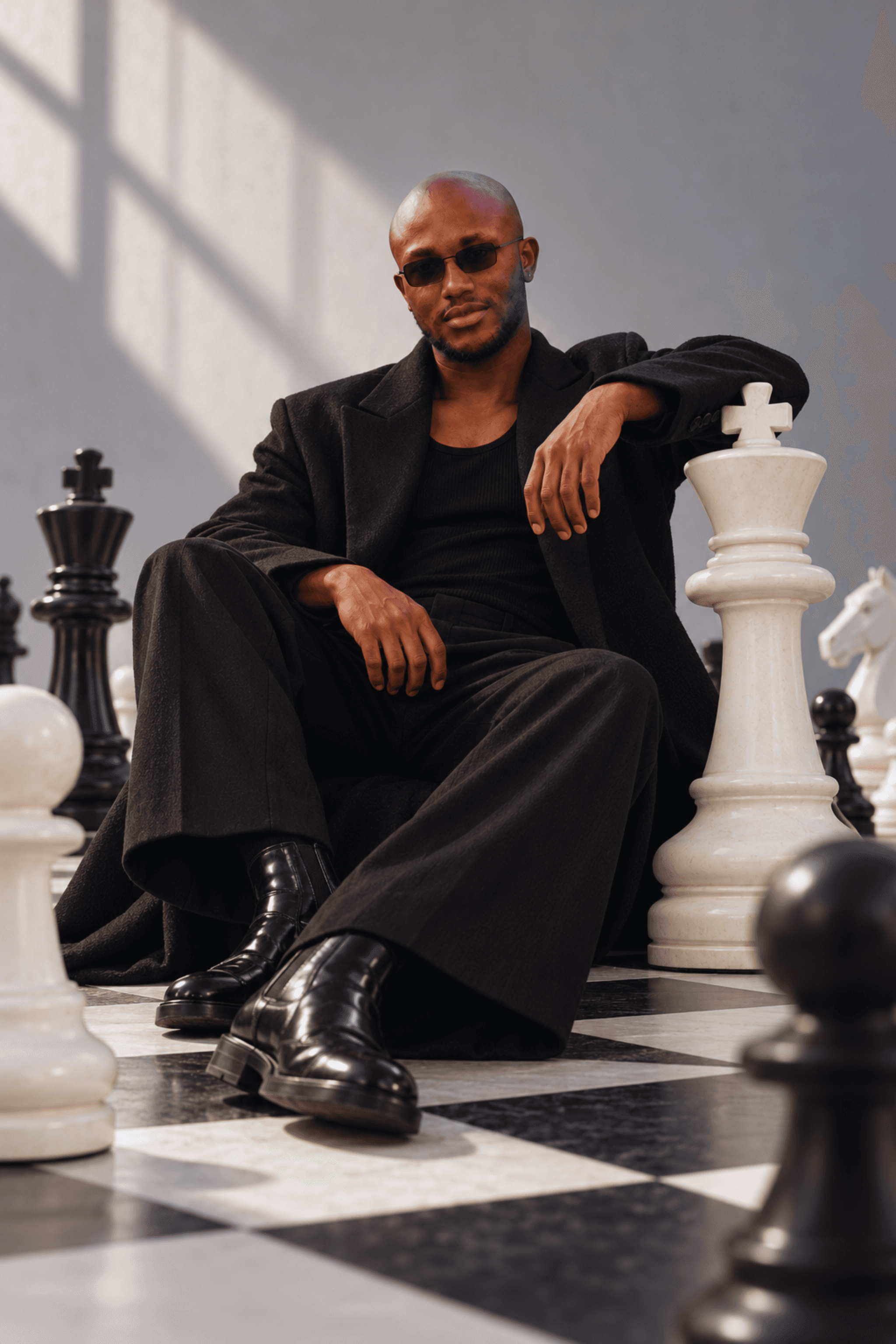 Muiz in black tailoring at a chessboard, image 9