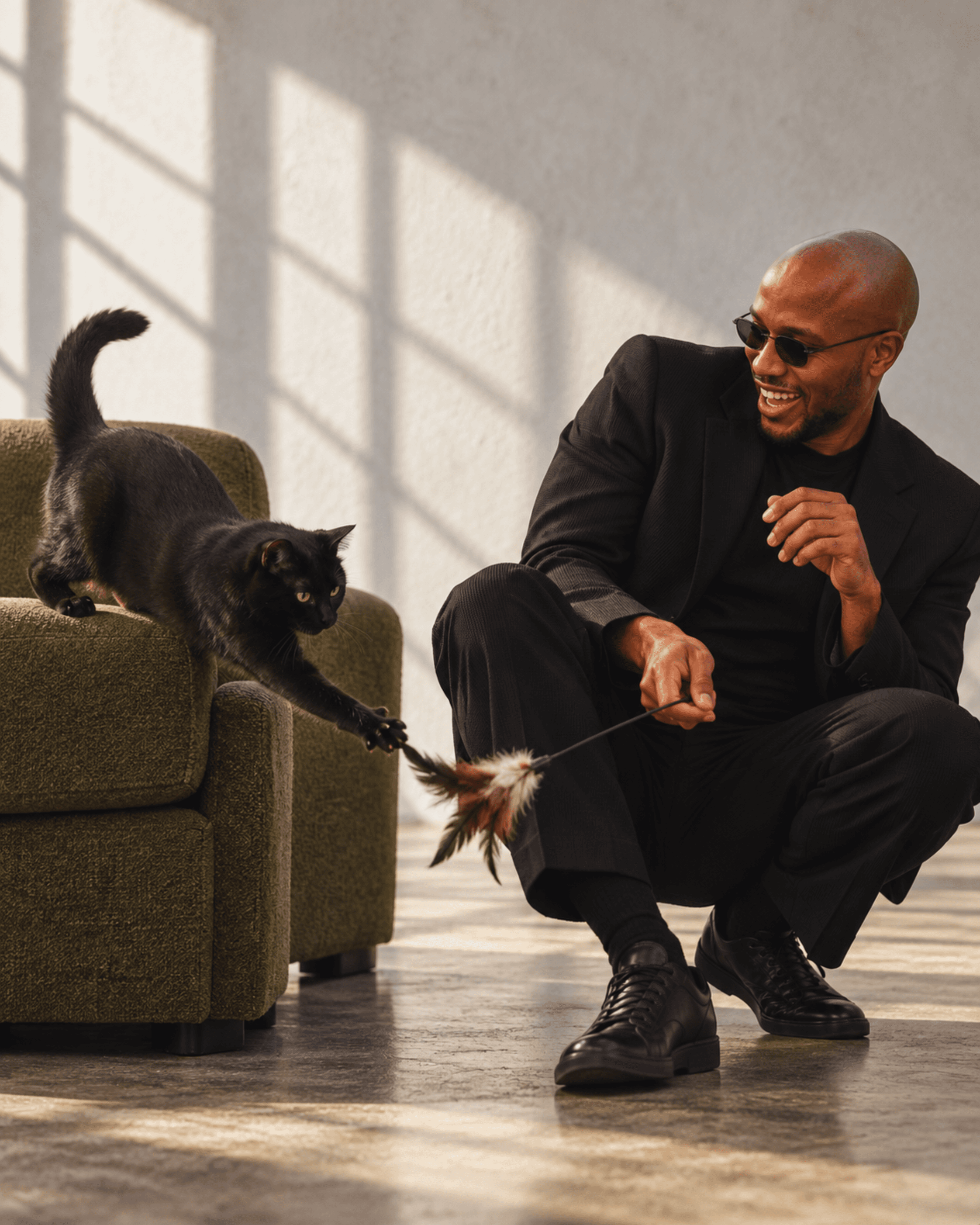 Muiz in black tailoring with a black cat, image 4