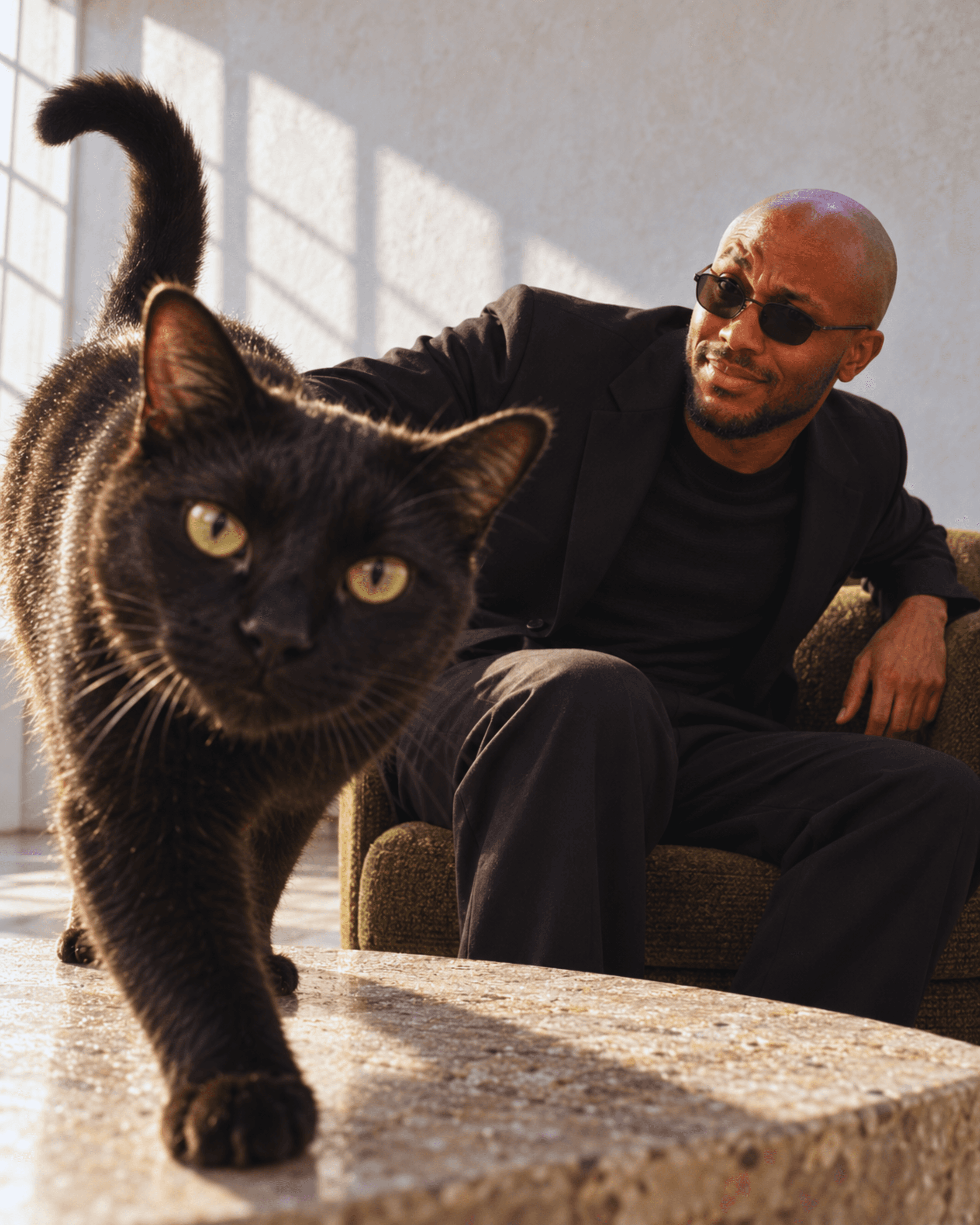 Muiz in black tailoring with a black cat, image 5