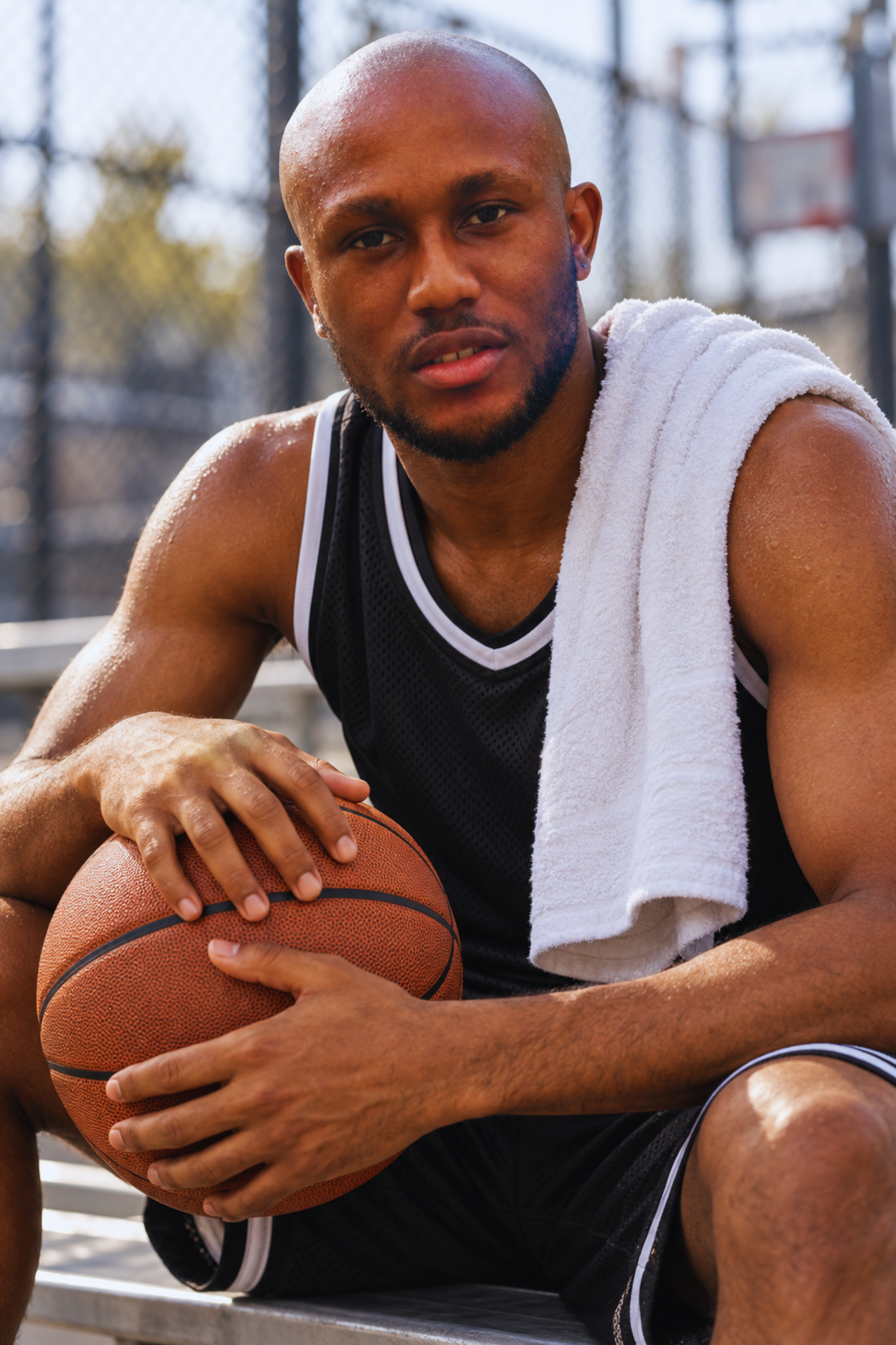 Muiz in athletic wear on a basketball court at sunset, image 2