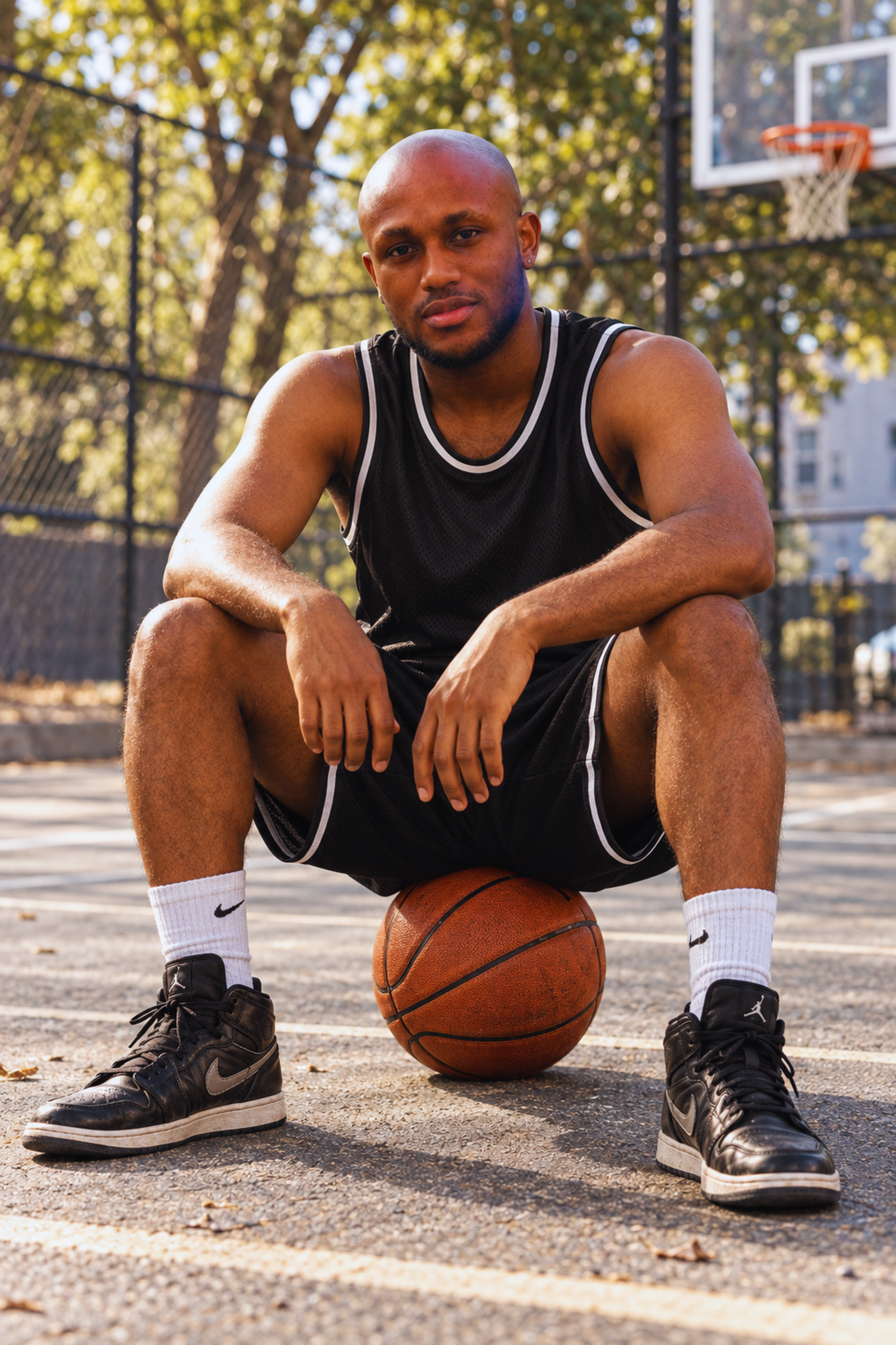 Muiz in athletic wear on a basketball court at sunset, image 3