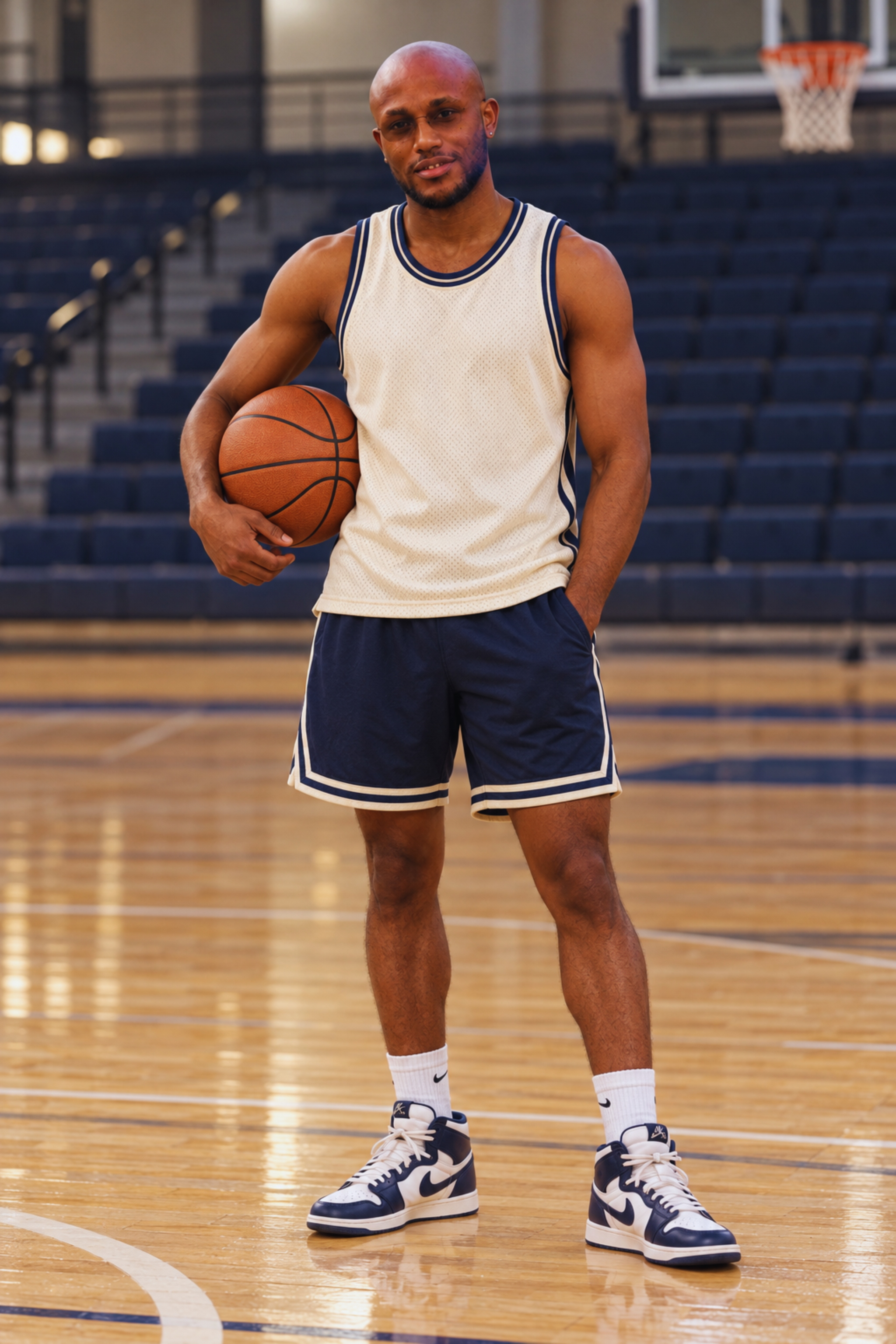 Muiz in athletic wear on a basketball court at sunset, image 4