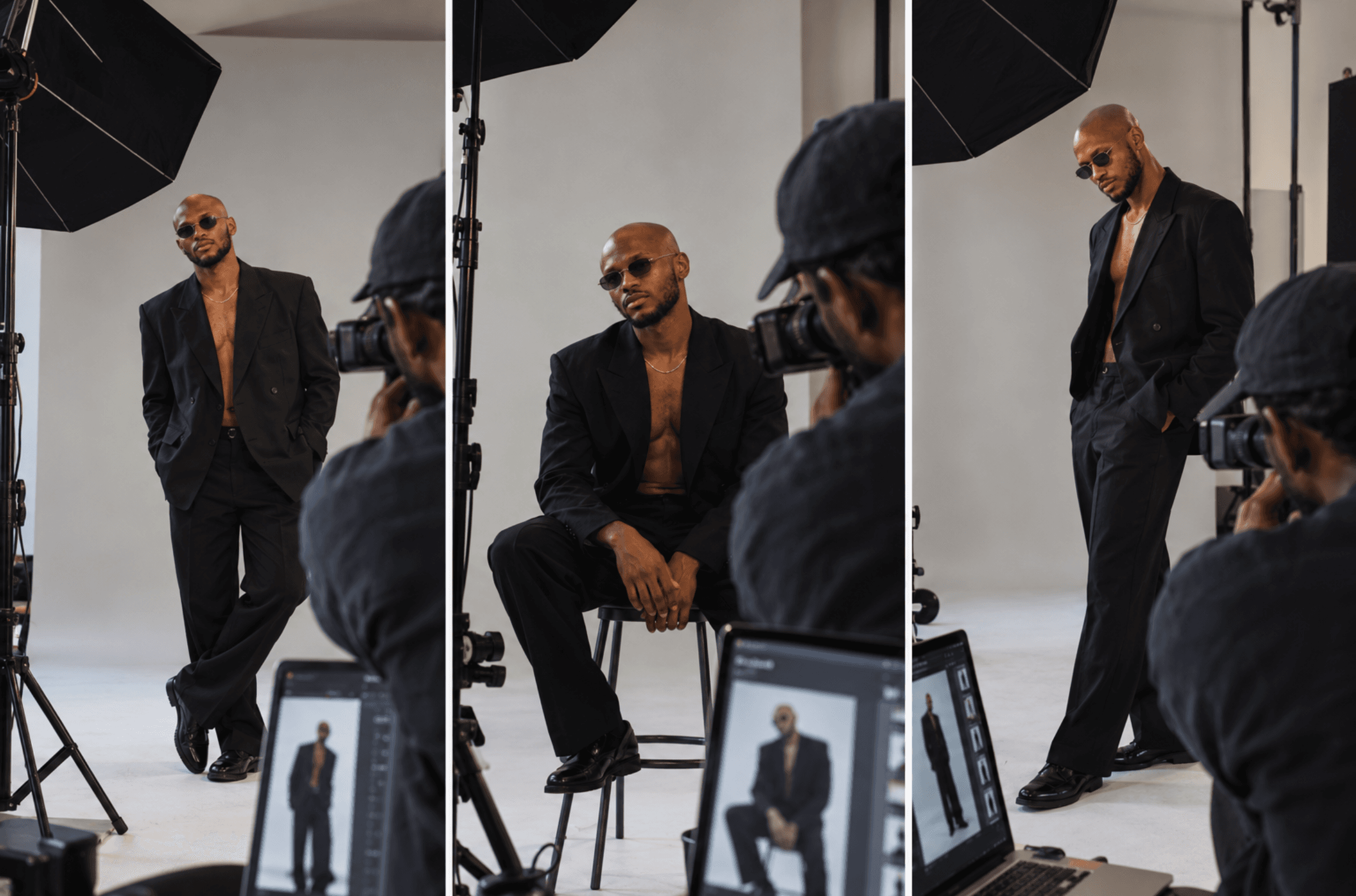 Male model between setups in the dressing room on a shoot day