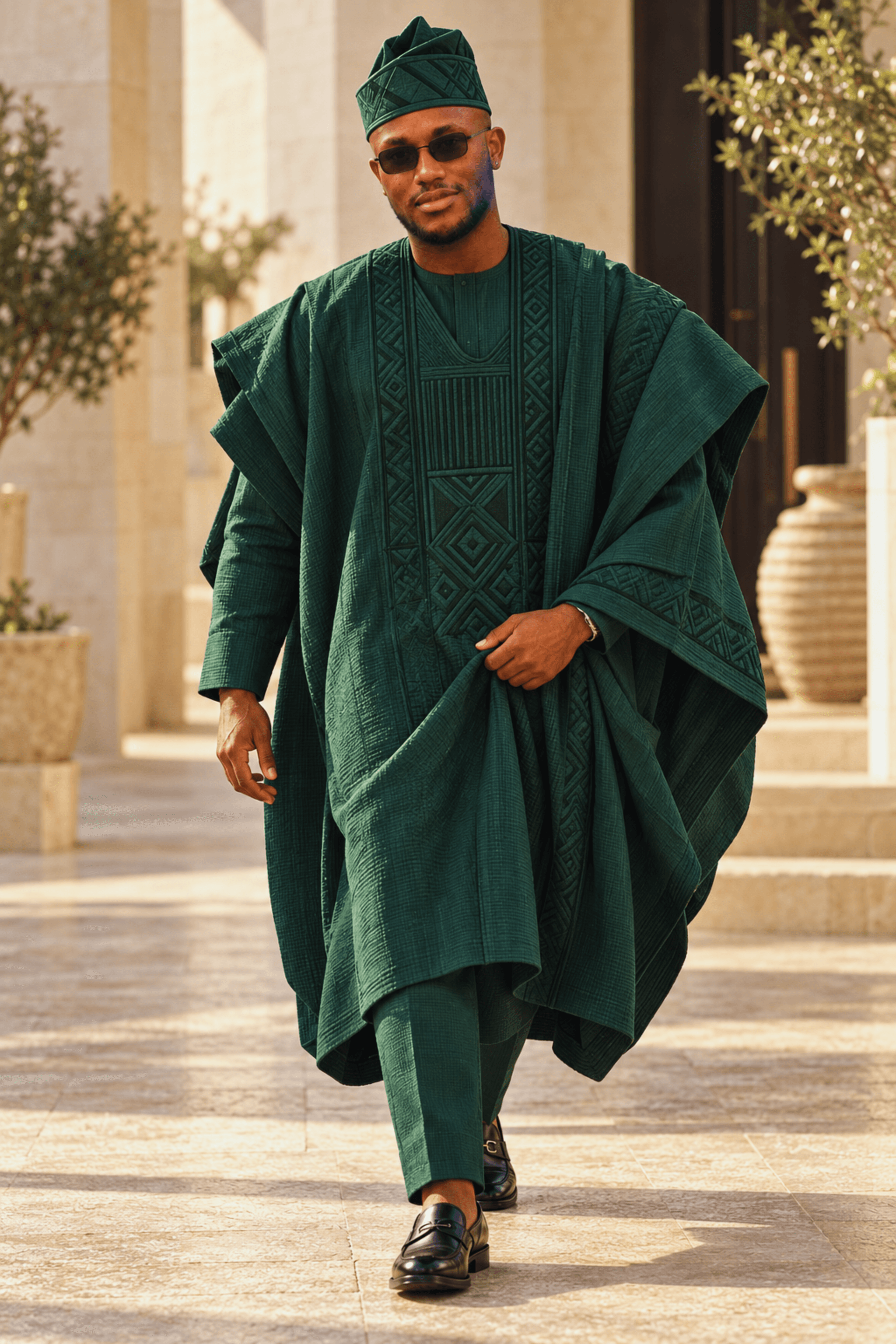 Muiz in an embroidered emerald agbada and matching fila