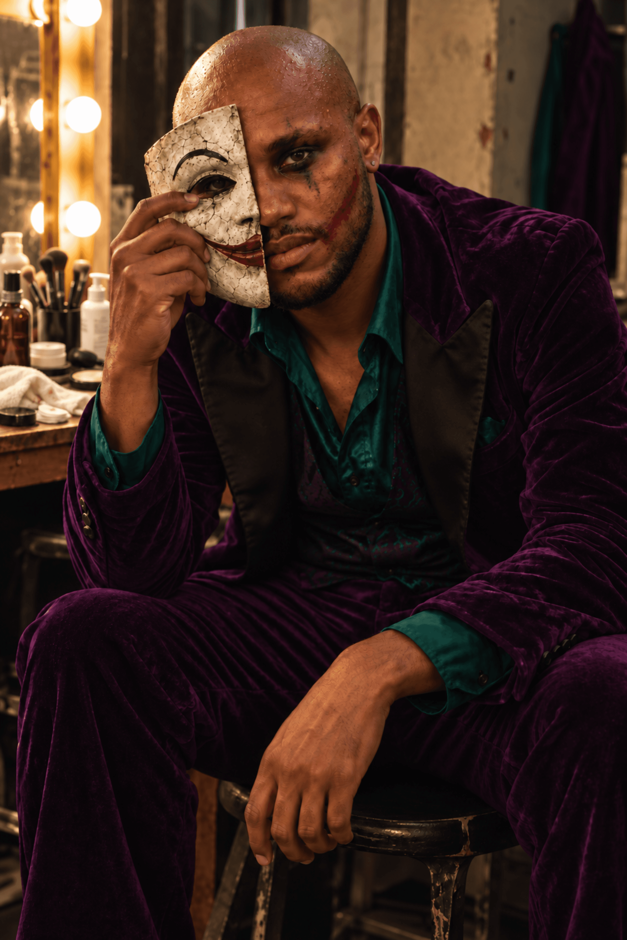 Muiz holding a playing card in purple and green character styling
